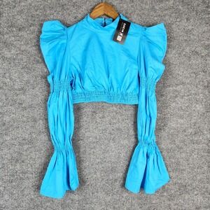 NWT Shein X Crop Top Blue Cotton Puff Sleeve Smocked  Mock Neck Blouse Medium